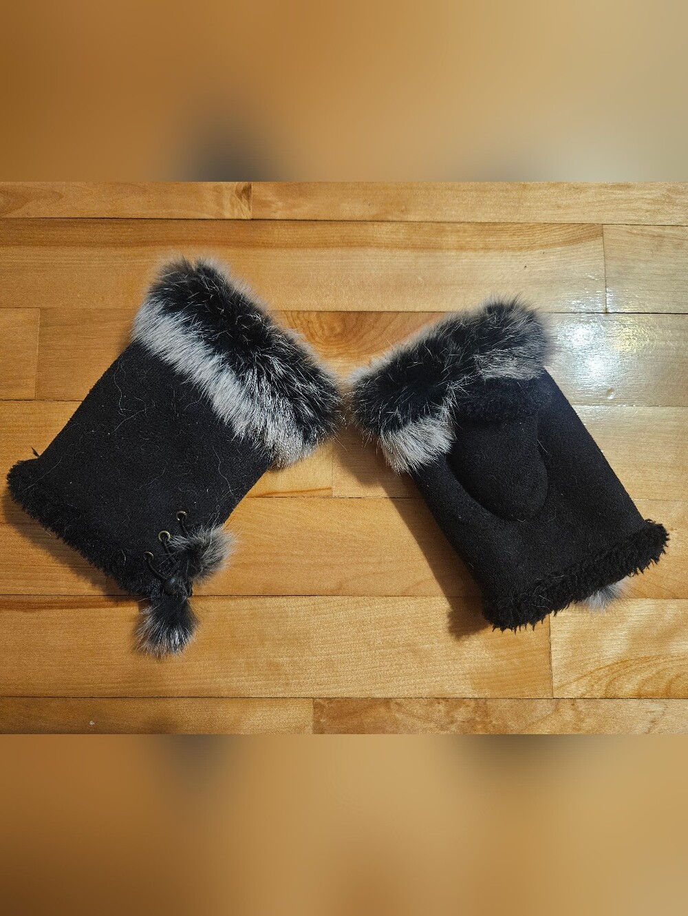 Fingerless Gloves Faux Fur Trim One Size